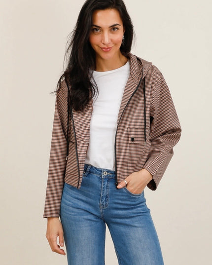Pippa Short Hooded Plaid Jacket - Chocolate