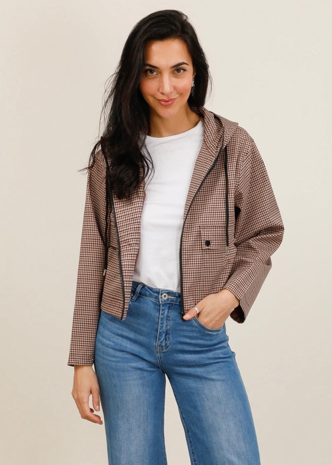 Pippa Short Hooded Plaid Jacket - Chocolate