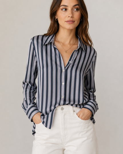 'Capricho' Satin Blouse - Estate Blue Stripe