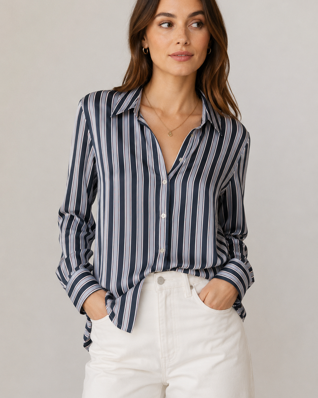 'Capricho' Satin Blouse - Estate Blue Stripe