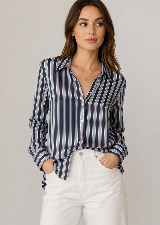 'Capricho' Satin Blouse - Estate Blue Stripe
