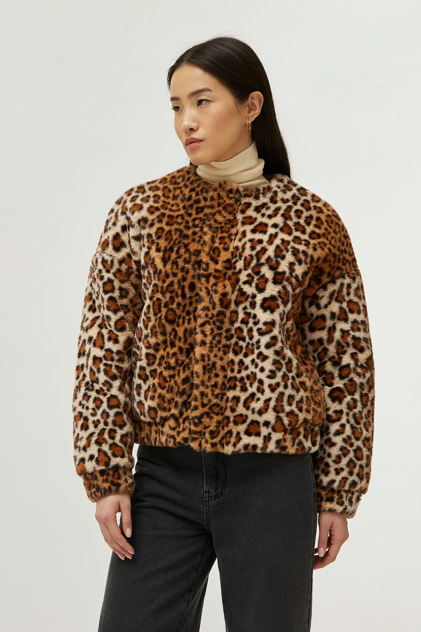 Leopard Print Fur Bomber Jacket