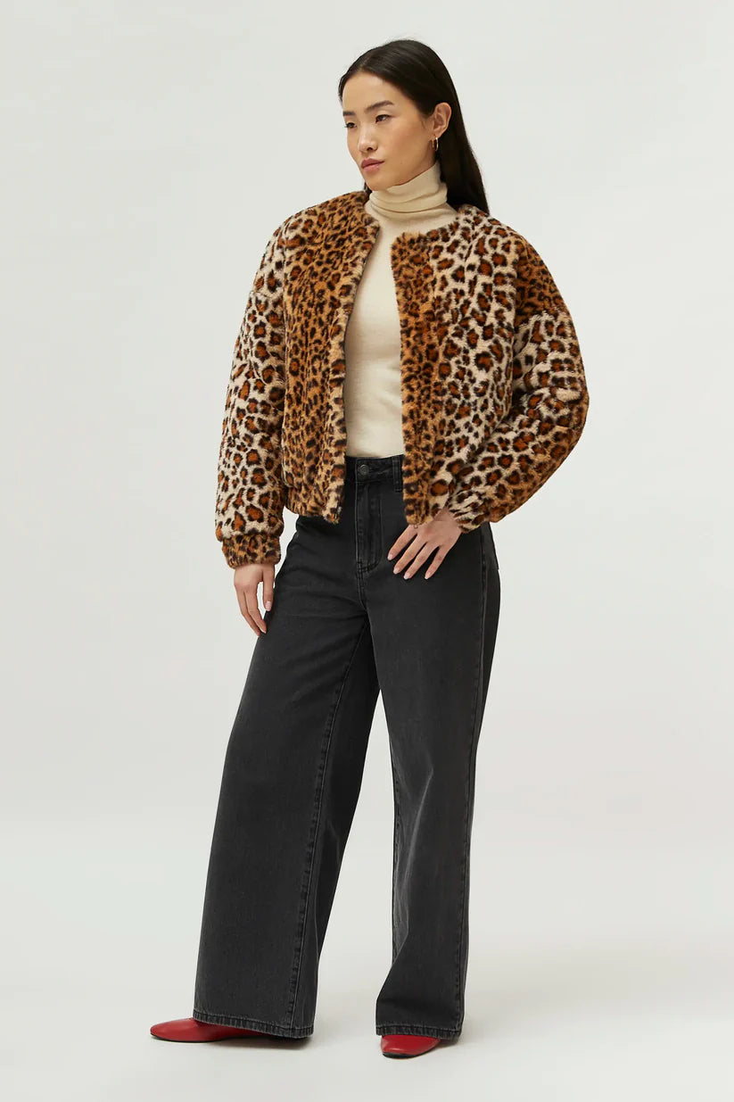 Leopard Print Fur Bomber Jacket