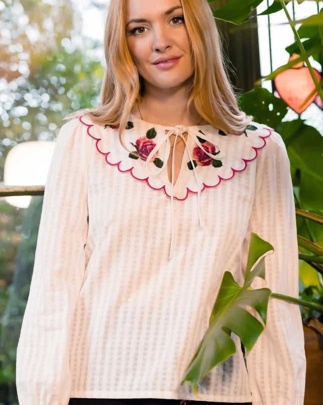 Nessy Scallop Collar Blouse - Off White, Blooming Roses