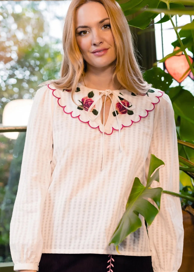 Nessy Scallop Collar Blouse - Off White, Blooming Roses