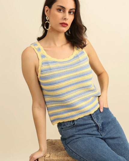 Cara Striped Crochet Tank Top - Lemon/Blue