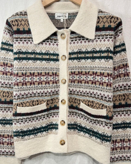 Susannah Jaquard Knit Polo Collared Cardigan - Alpine Green