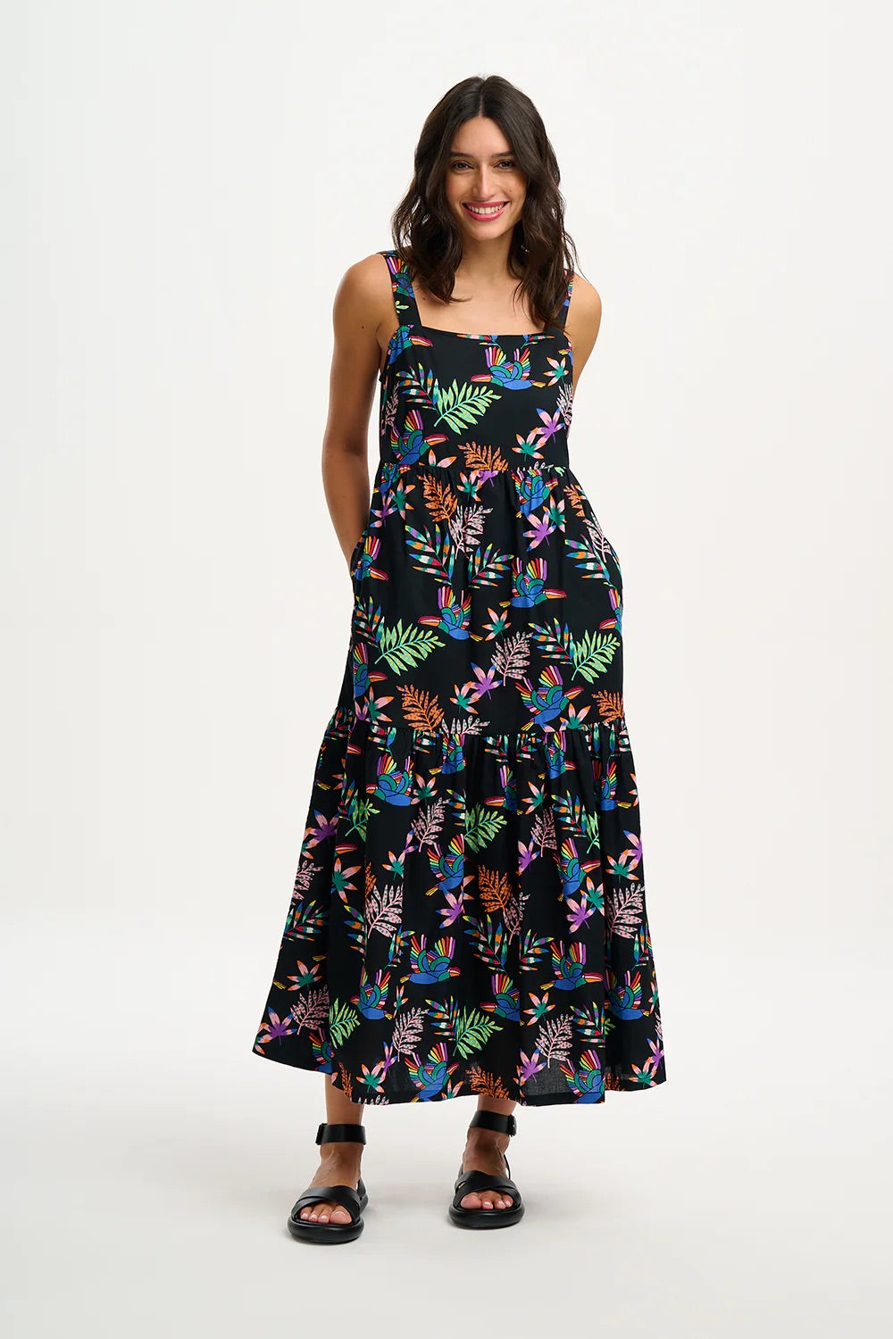 Charlotte Maxi Tiered Sundress - Black, Rainbow Toucans