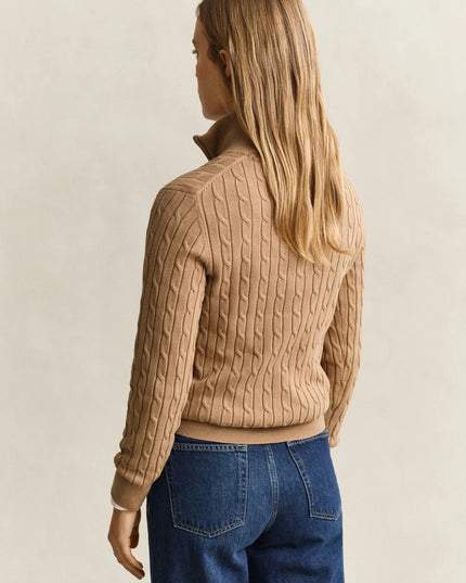 Stretch Cotton Cable Knit Half Zip Sweater - Warm Khaki