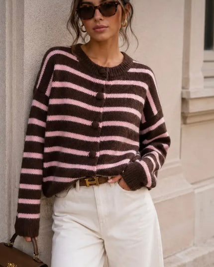 Fleur Chunky Knit Buttoned Sweater - Brown/Pink