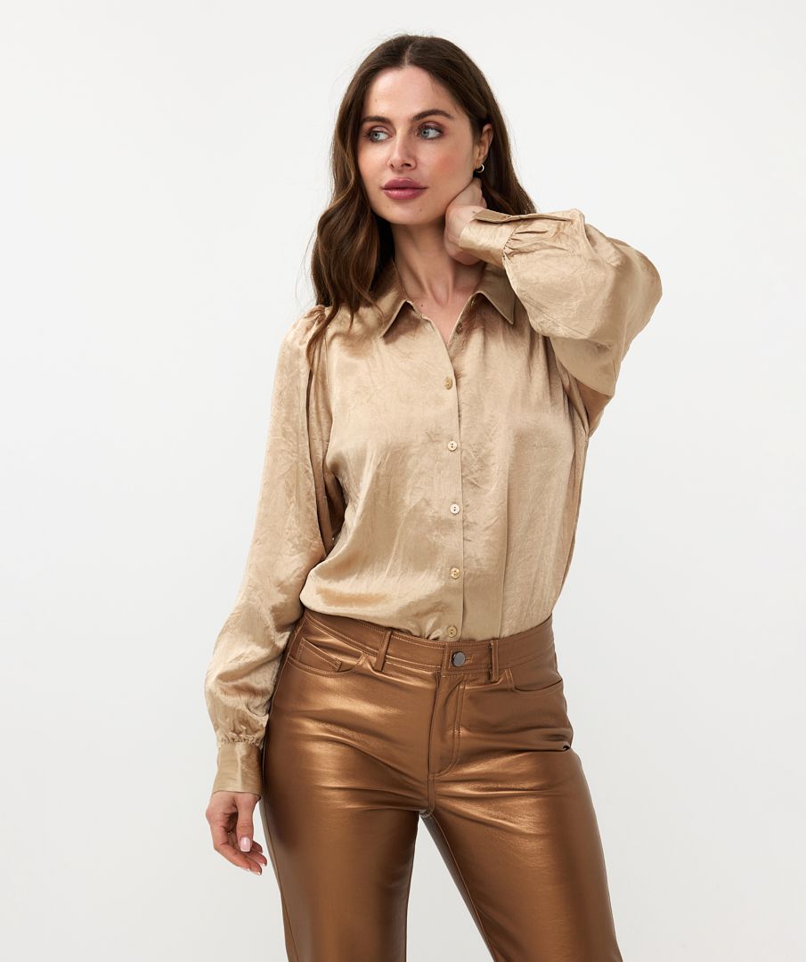 EsQualo - Crushed Satin Bow Blouse - Light Sand