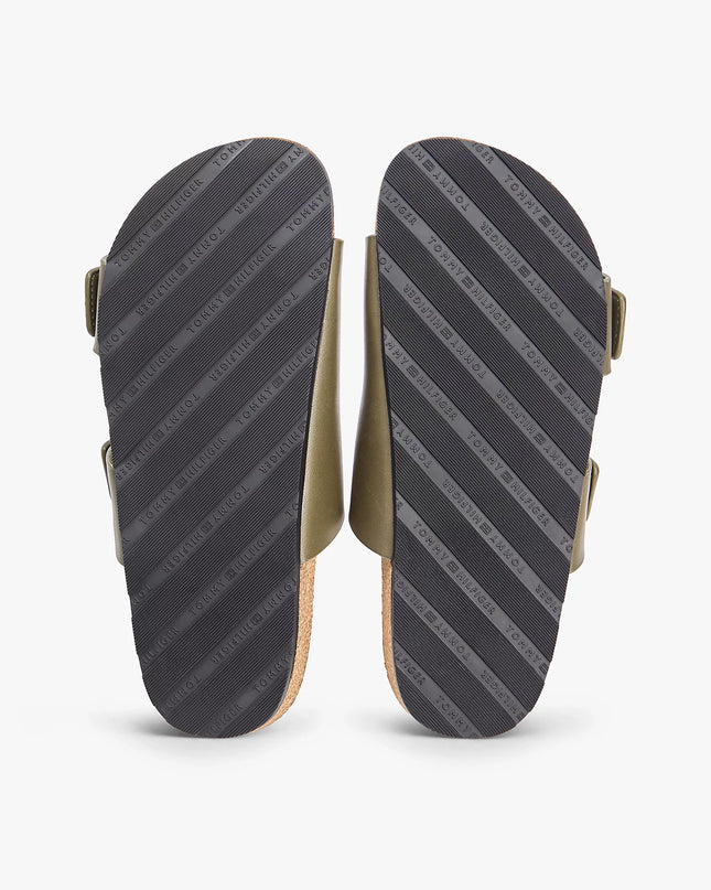 Leather Double Strap Cork Sandals - Platinum Olive