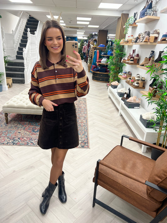 Niamh Knit Rugby Polo - Camel Stripe