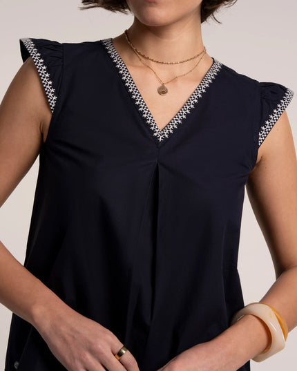 Clement Embroidered Sleeveless Blouse - Navy