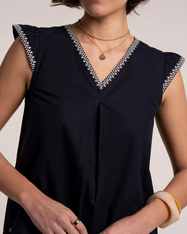 Clement Embroidered Sleeveless Blouse - Navy