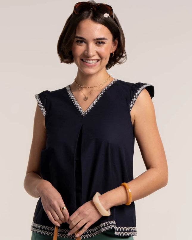 Clement Embroidered Sleeveless Blouse - Navy