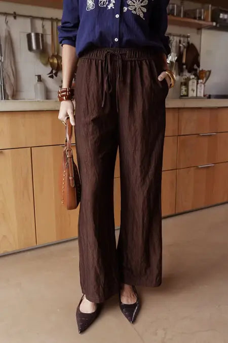 Anna Wide Leg Elegant Linen Blend Trouser - Light Maroon