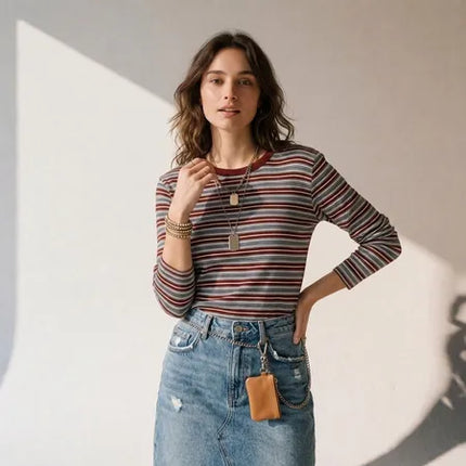 Lilly Striped Long Sleeve Top - Burgundy