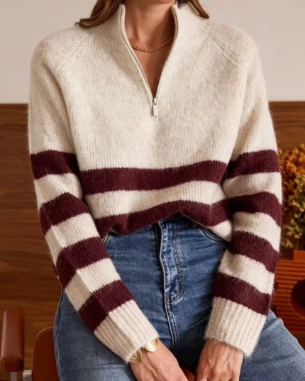 Mia Half Zip Sweater with Contrasting Stripes - Taupe/Burgundy