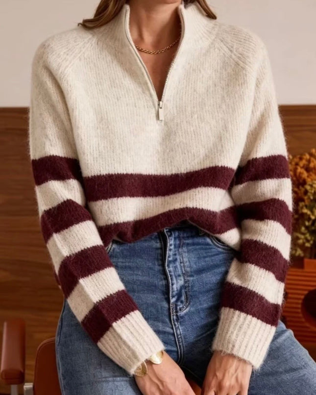 Mia Half Zip Sweater with Contrasting Stripes - Taupe/Burgundy