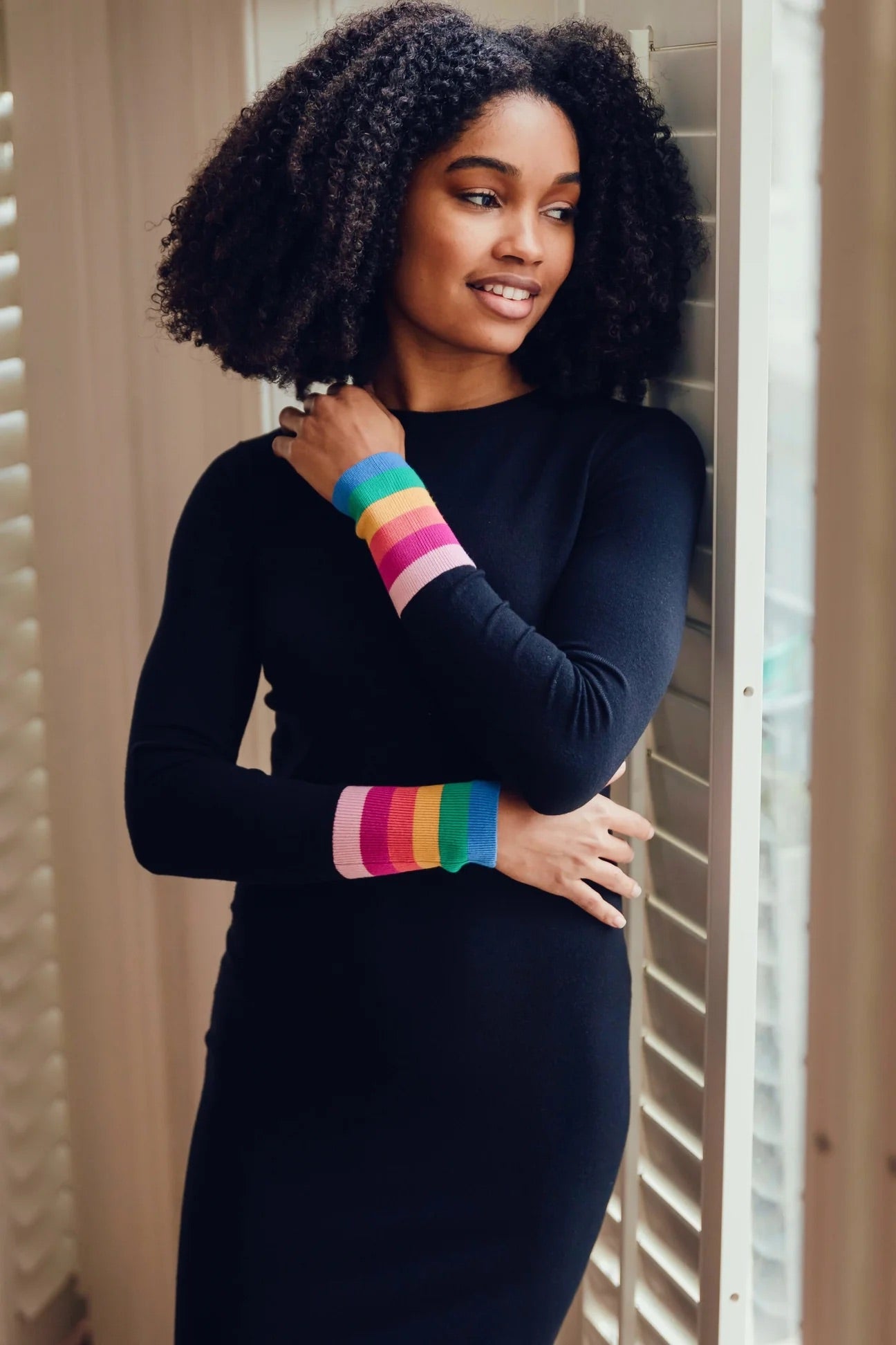 Sugarhill Brighton - Liselle Midi Knit Dress - Black, Rainbow Stripe Cuffs