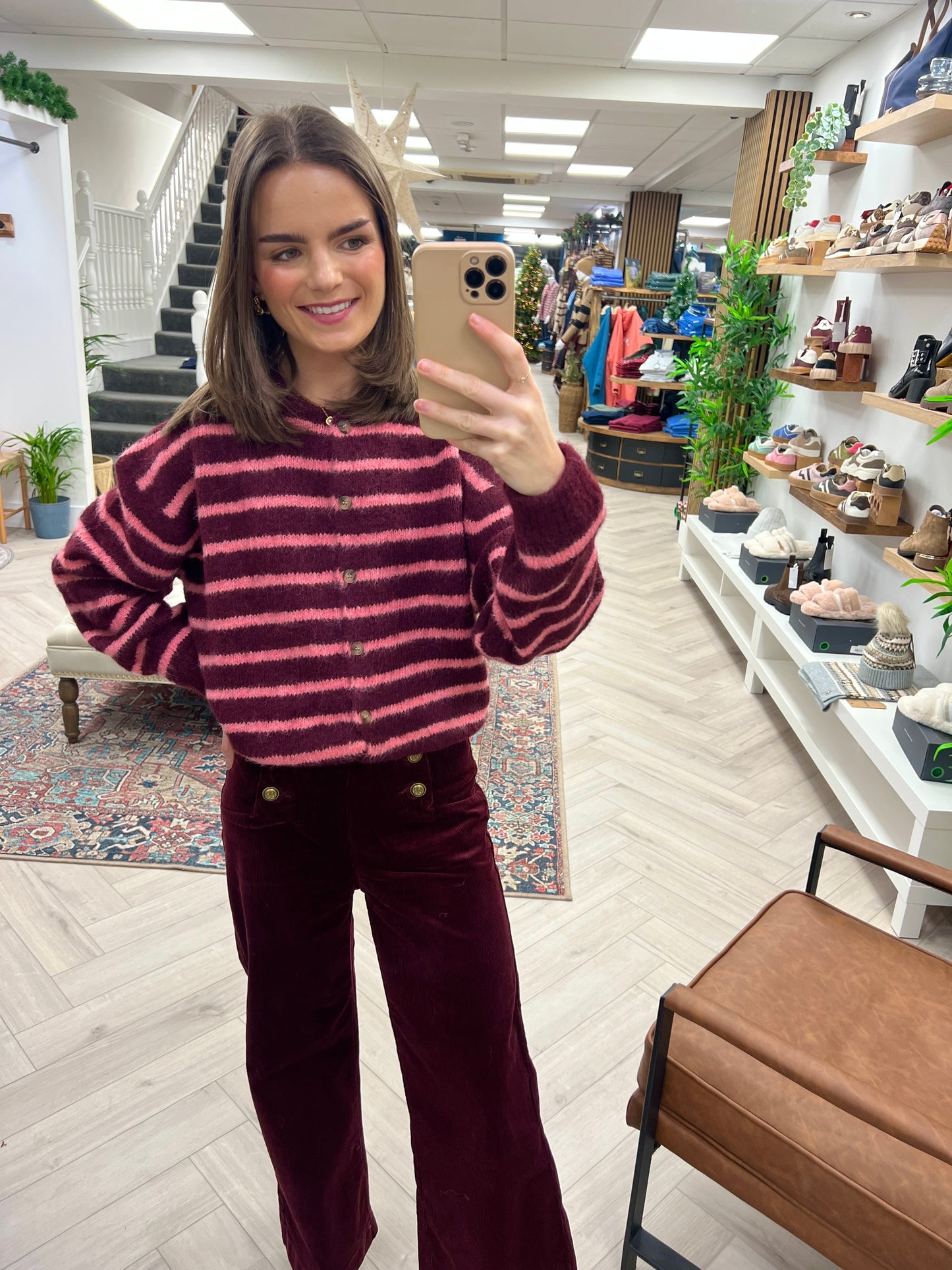 Amelia Wool Blend Cardigan - Burgundy/Pink Stripe