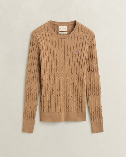 Stretch Cotton Cable Knit Crew Neck Sweater - Warm Khaki