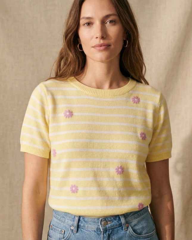 Susie Knit Short Sleeve Embroidered Sweater - Lemon