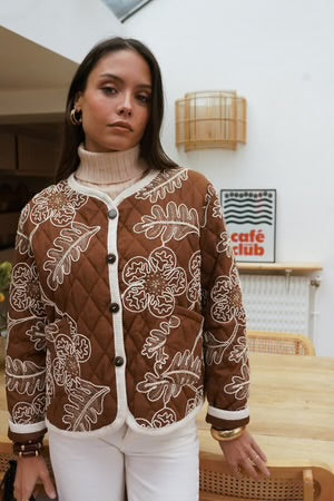 Elsie Embroidered Quilted Jacket - Camel