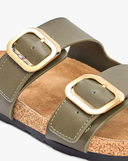 Leather Double Strap Cork Sandals - Platinum Olive