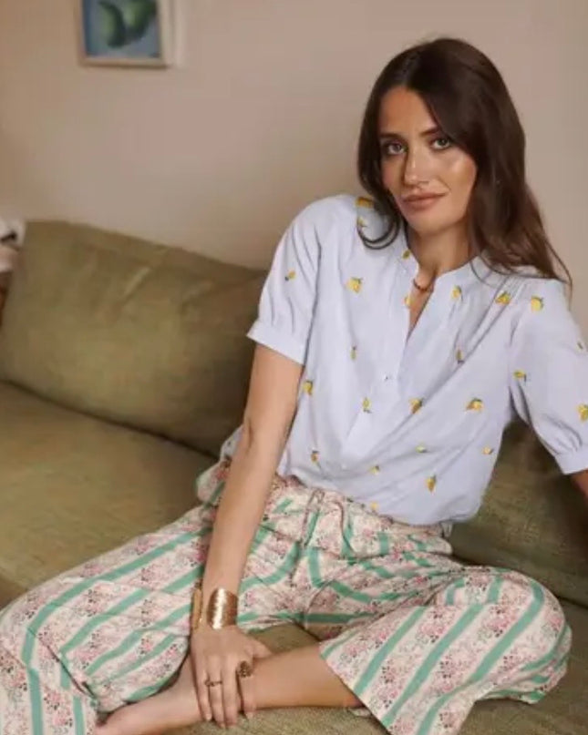 Dina Lemon Embroidered Short Sleeve Blouse - Blue