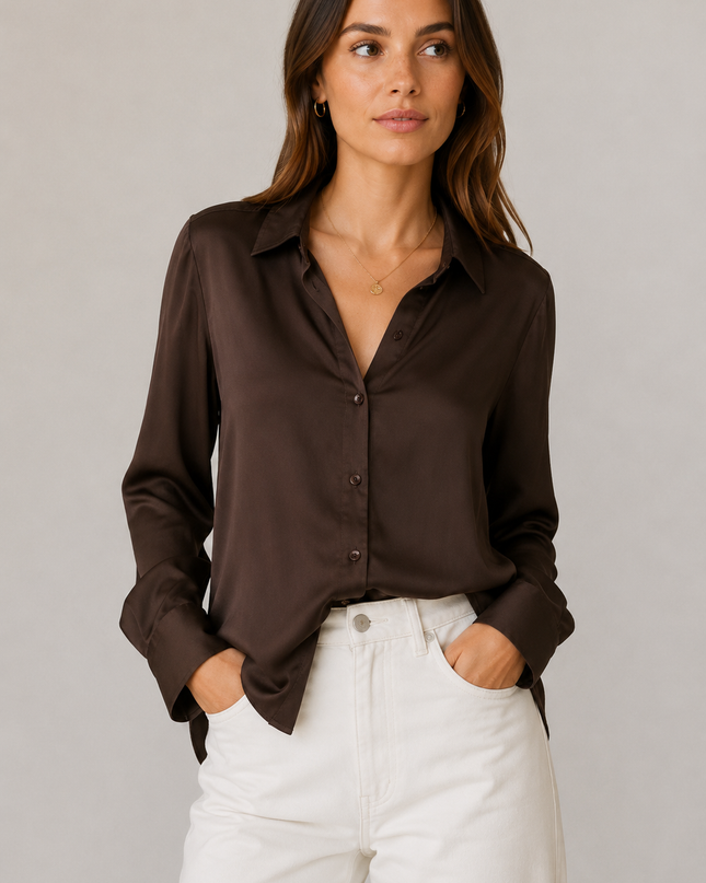 'Capricho' Satin Blouse - Chocolate Brown