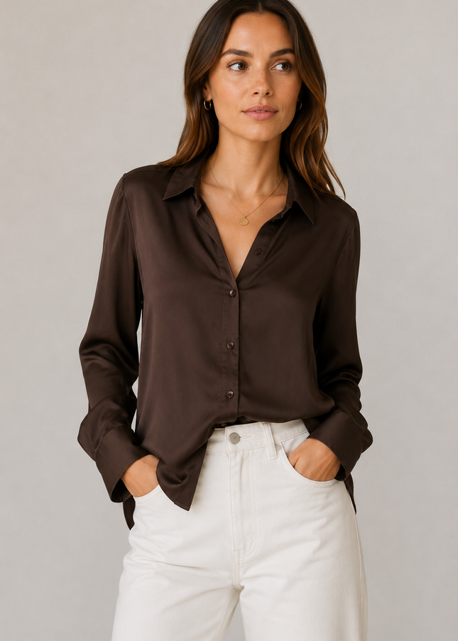 'Capricho' Satin Blouse - Chocolate Brown