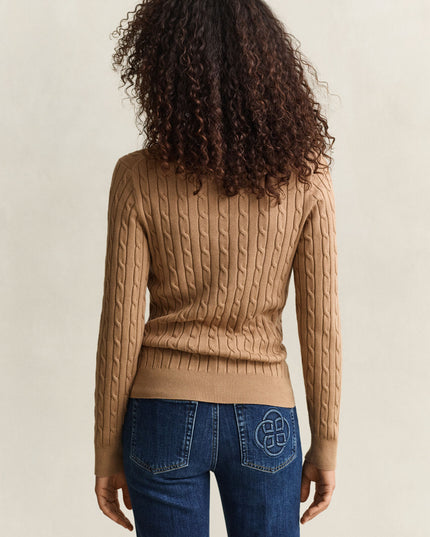 Stretch Cotton Cable Knit Crew Neck Sweater - Warm Khaki
