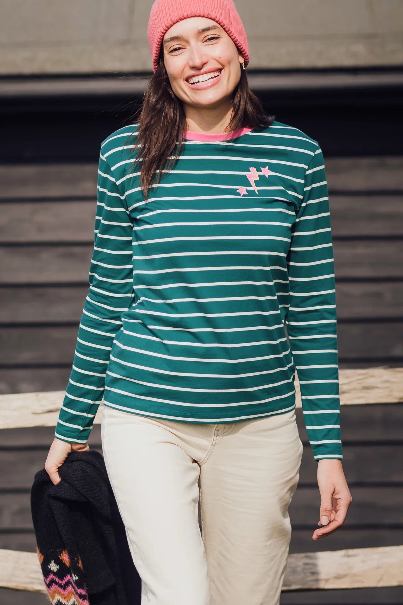 Sugarhill Brighton - Brunswick Jersey Top - Dark Green, Pink Lightning Star