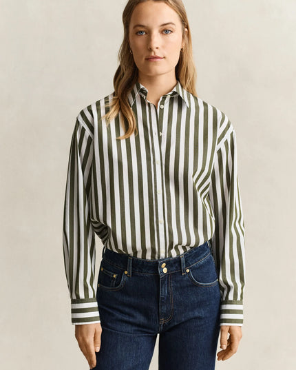 Relaxed Striped Poplin Shirt - Country Green