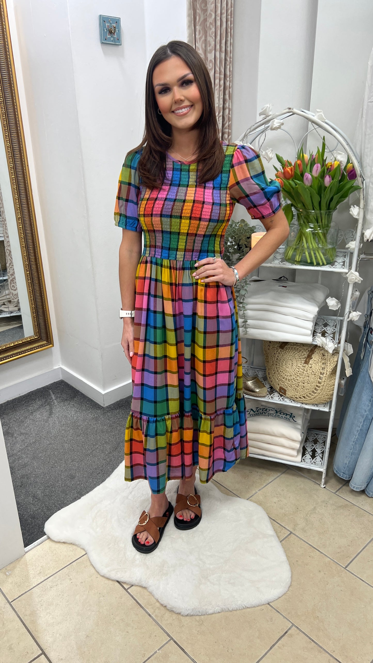 Yolanda Midi Shirred Dress - Multi, Summer Rainbow Check