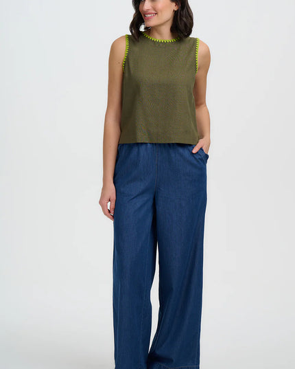 Senna Top - Olive, Decorative Stitch