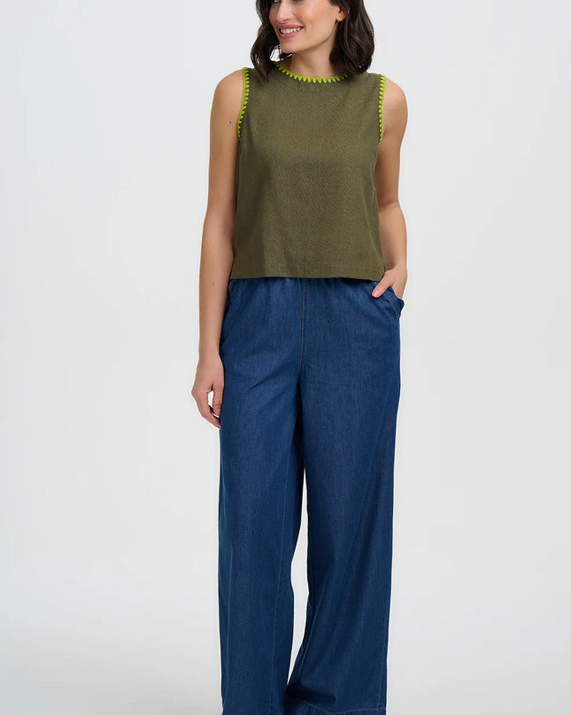 Senna Top - Olive, Decorative Stitch