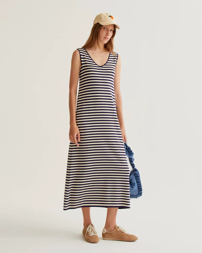 V-Neck Stripe Midi Dress - Navy/White