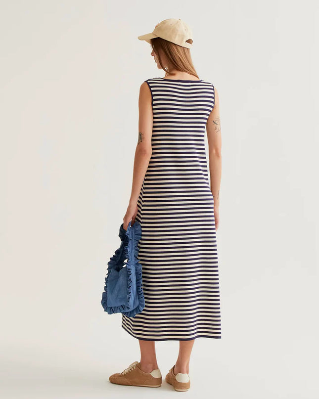 V-Neck Stripe Midi Dress - Navy/White