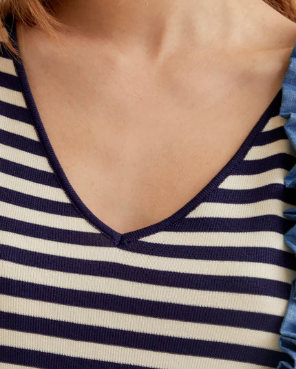 V-Neck Stripe Midi Dress - Navy/White