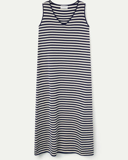 V-Neck Stripe Midi Dress - Navy/White