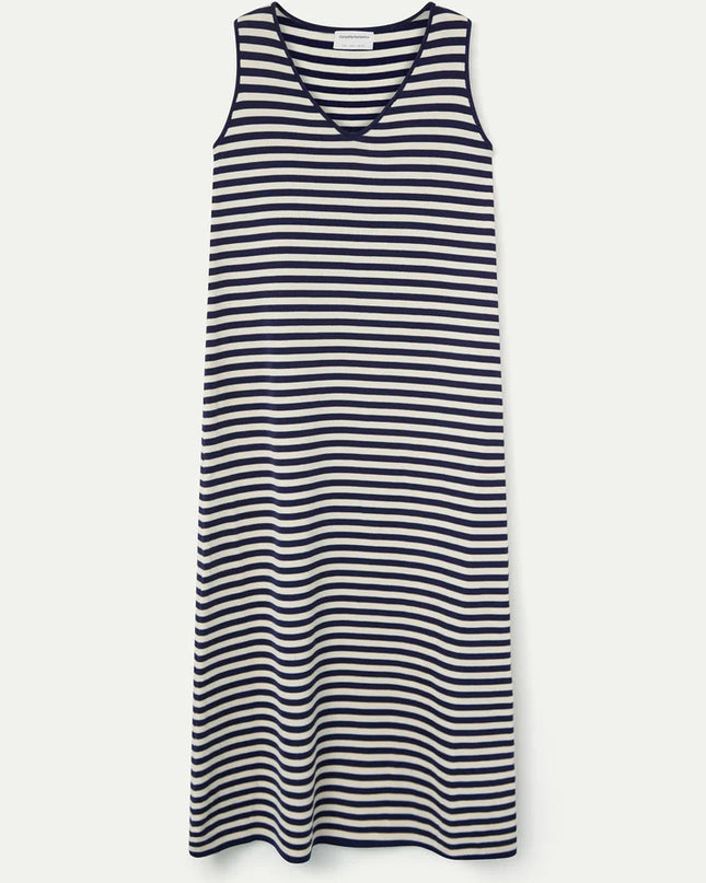 V-Neck Stripe Midi Dress - Navy/White