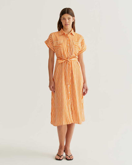 Stripe Midi Shirt Dress - Orange