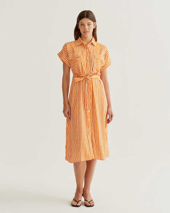Stripe Midi Shirt Dress - Orange
