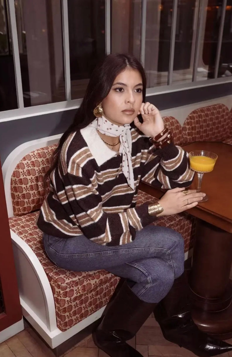 Niamh Knit Rugby Polo - Dark Maroon Stripe