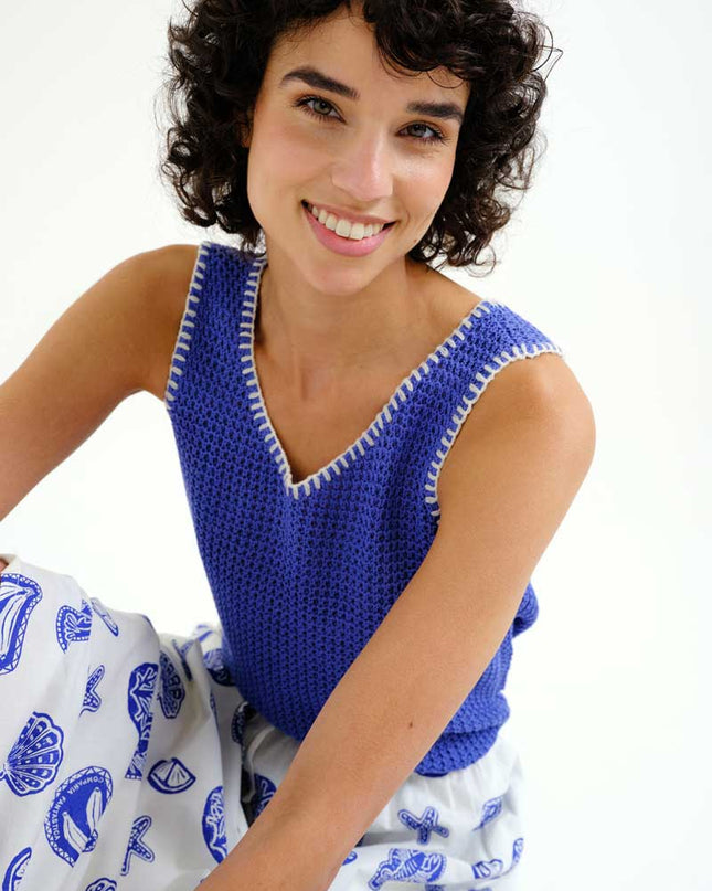 Crochet Trimmed Top - Blue