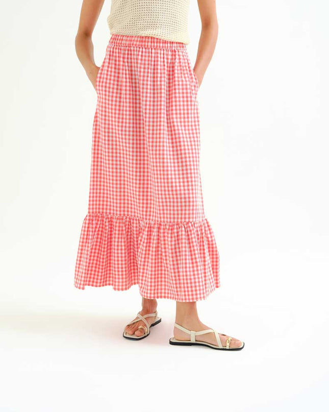 Gingham Tiered Maxi Skirt - Red