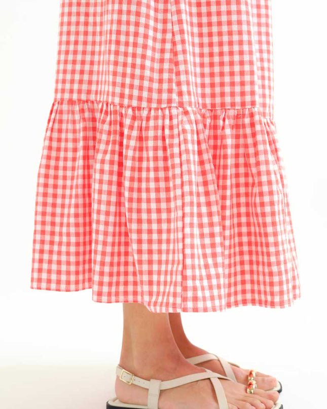 Gingham Tiered Maxi Skirt - Red